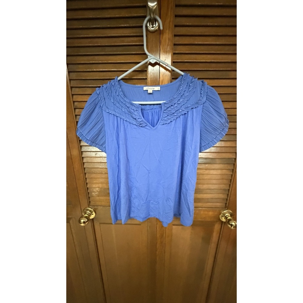 Chico's Blue Crinkle Pleated Top & Skirt Set Boho Cottagecore 2 Piece Large - Picture 3 of 9